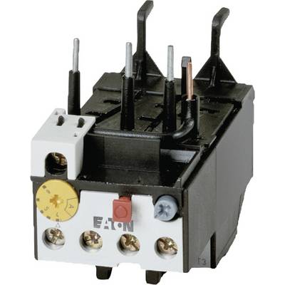 Un interruttore automatico elettrico nero di Eaton con più connessioni e una manopola di regolazione gialla sul lato frontale.