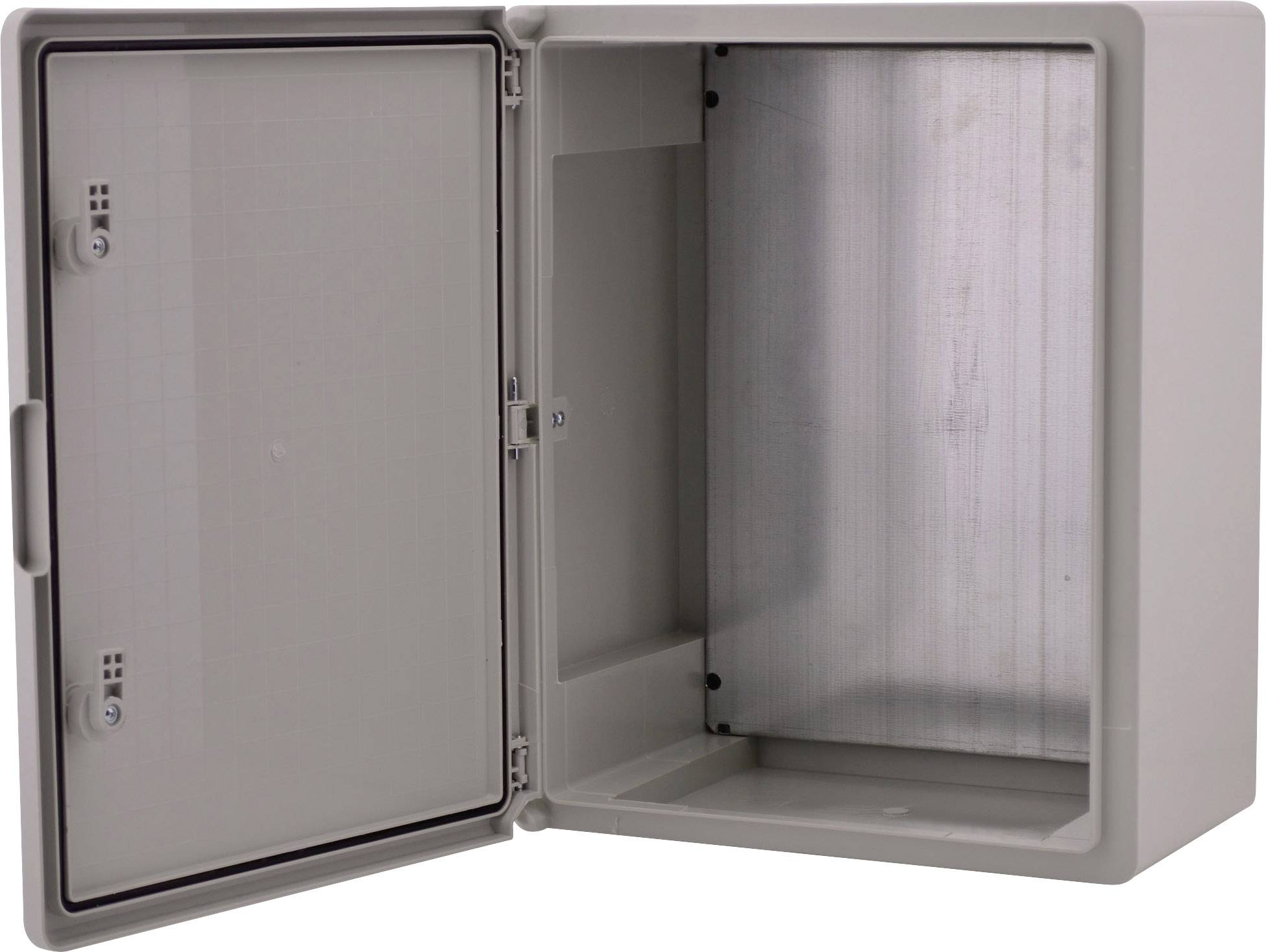 Armadio di distribuzione grigio aperto con interno visibile, idoneo per l'alloggiamento di componenti elettrici o cablaggi.