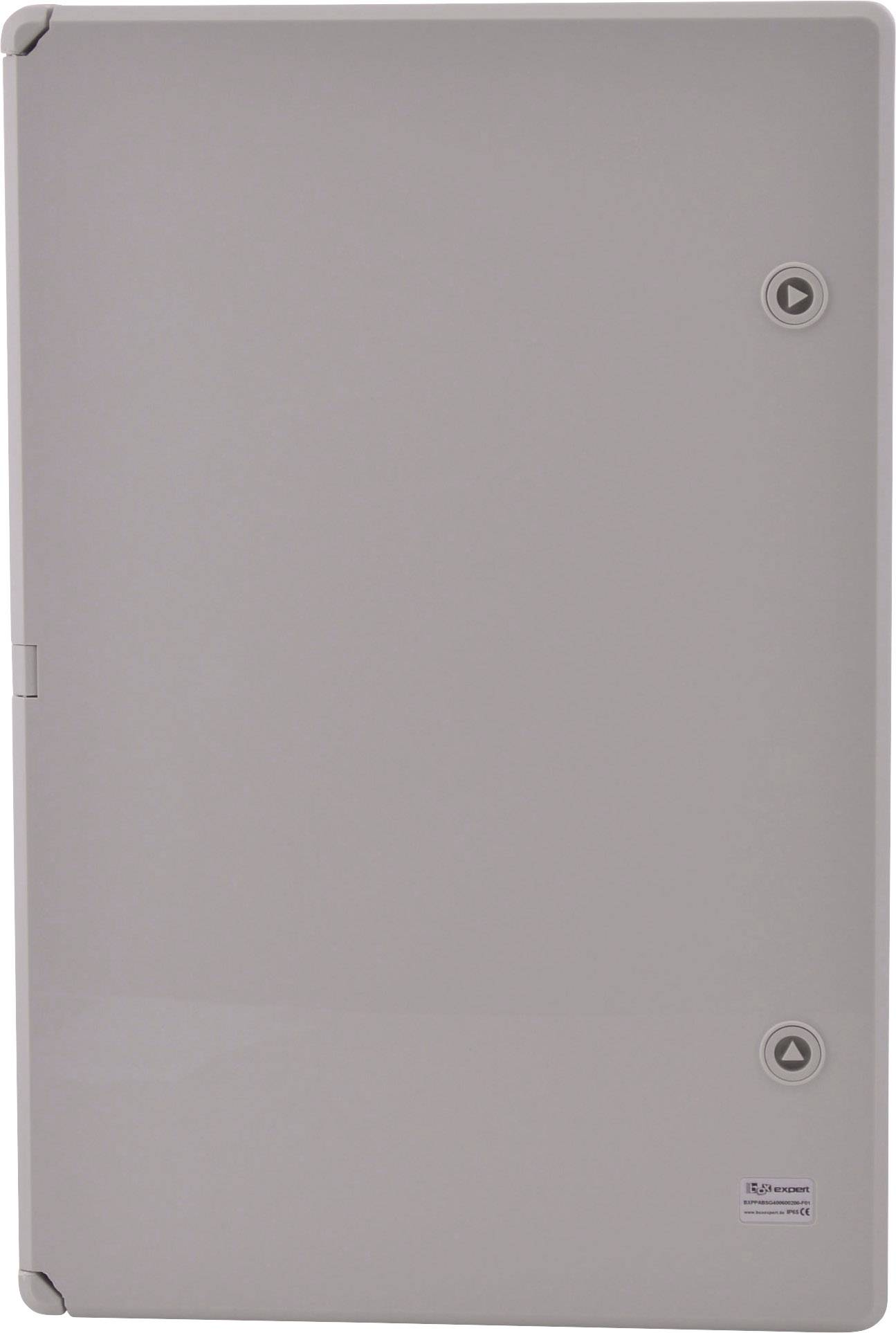 Una porta metallica grigia con due pulsanti neri, uno nell'angolo superiore destro e uno nell'angolo inferiore destro.