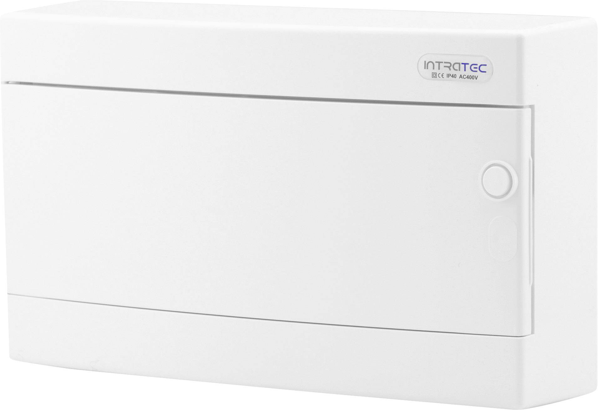 Quadro elettrico in plastica bianca con la scritta 'INTACTEC SEE FOR AGAIN' in alto a destra.