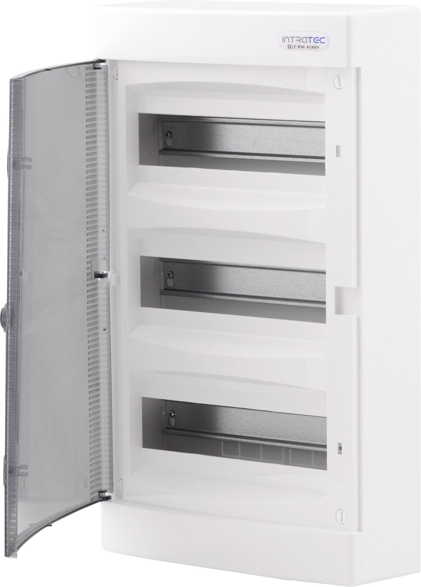 Quadro elettrico con coperchio trasparente aperto, che mostra tre pannelli vuoti per componenti elettrici.