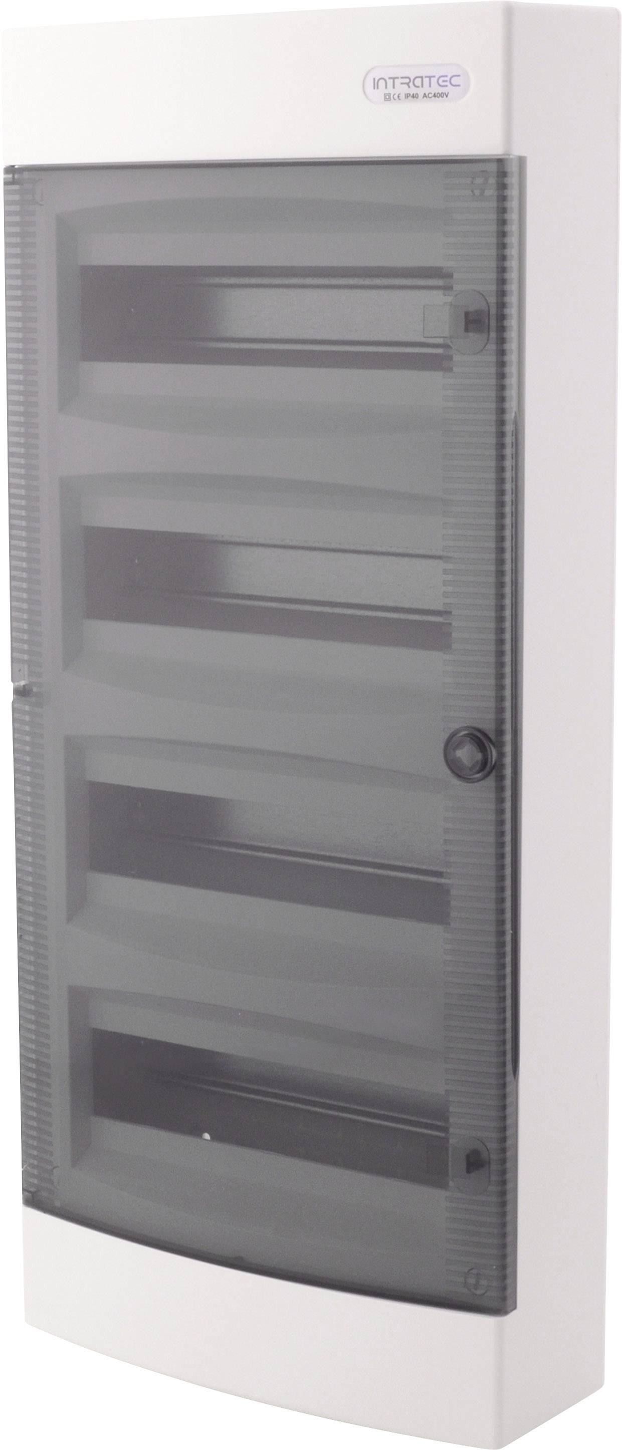 Un quadro elettrico bianco con coperchio trasparente grigio, montato su una parete. Sono visibili quattro scomparti orizzontali.