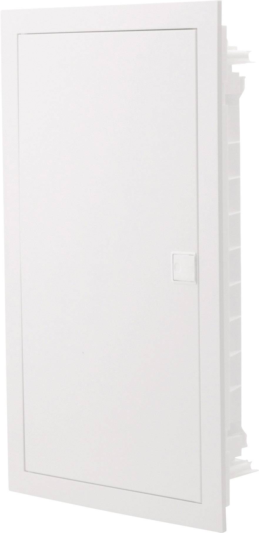 Una porta bianca a muro, chiusa, inserita in una parete.