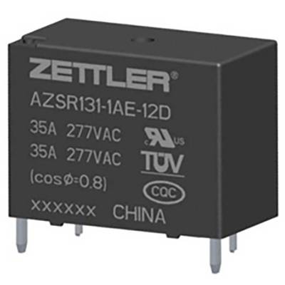 'Relè nero con iscrizione ZETTLER, modello AZSR131-1AE-12D, 35A, 277VAC, certificato TÜV, fabbricato in Cina.'