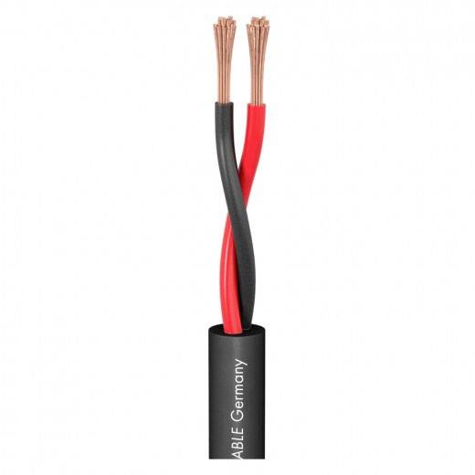 Cavo gemellare a due conduttori con filo rosso e nero, terminali in rame scoperti, con stampigliatura 'CABLE Germany'.