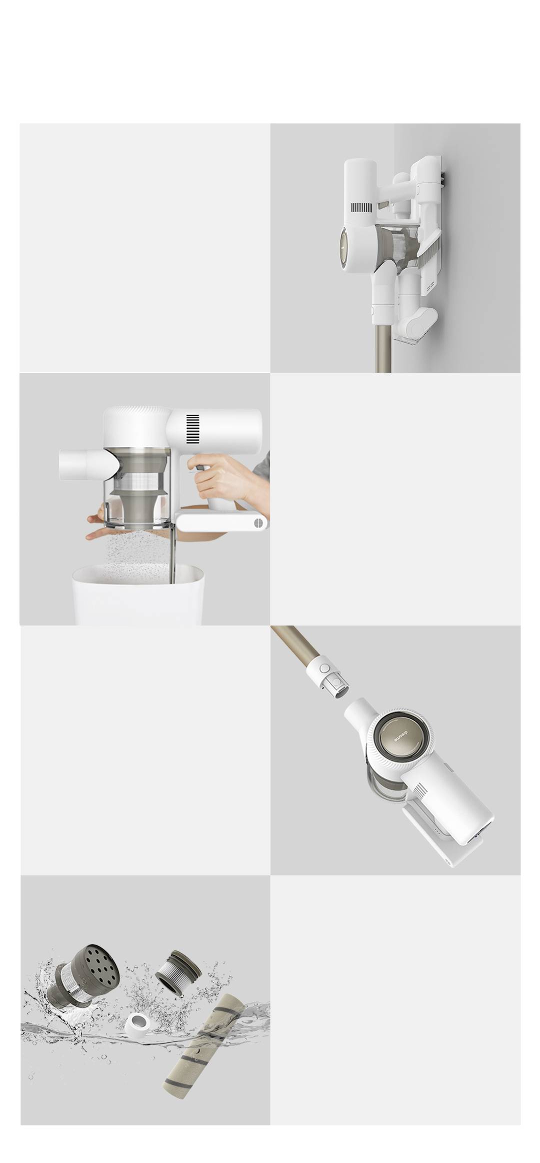 Un aspirapolvere bianco e moderno con diversi accessori è mostrato su un supporto a parete. Le immagini dimostrano l'utilizzo e i dettagli della potenza di aspirazione.