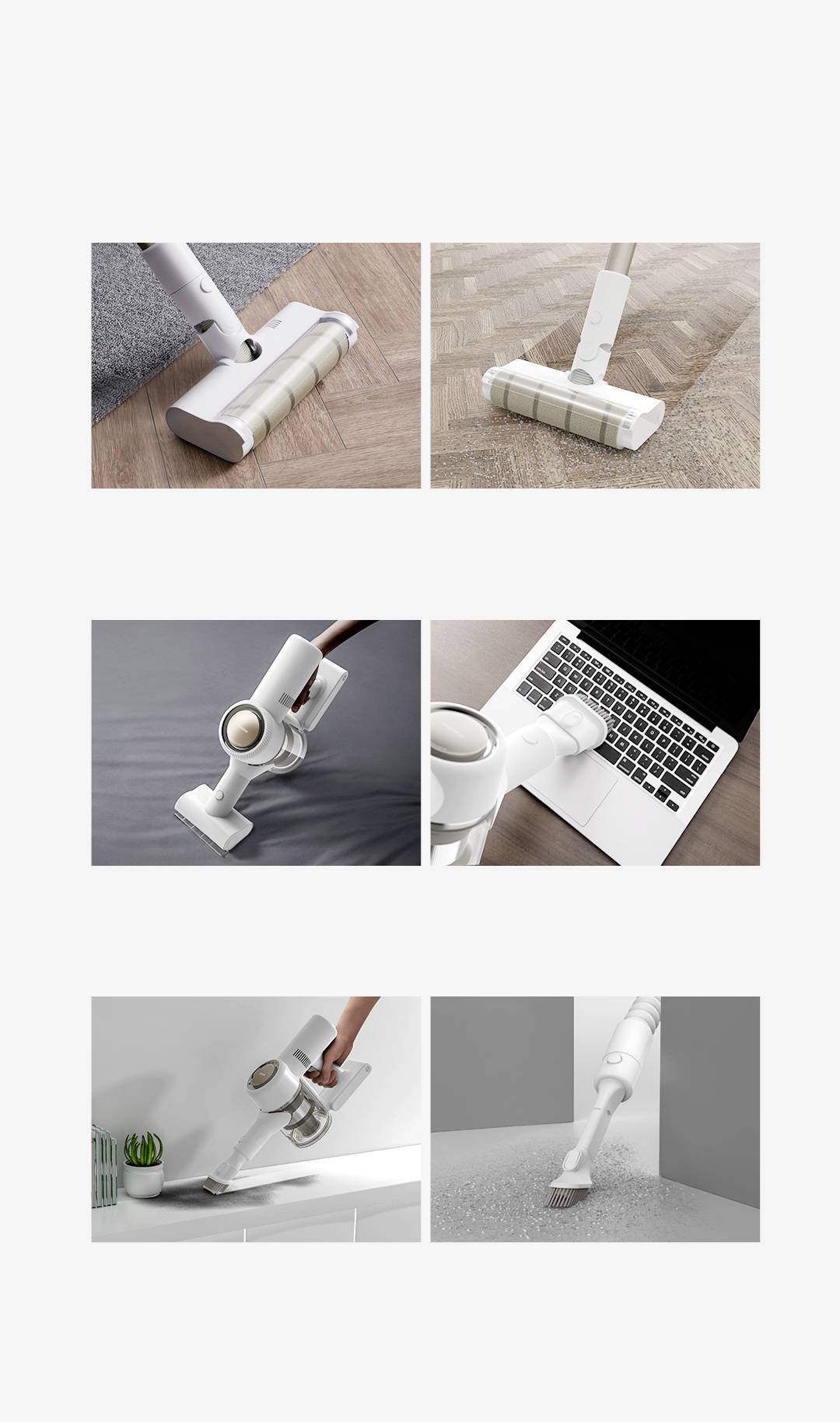 Sei immagini mostrano un aspirapolvere in diverse aree di utilizzo: su tappeto, laptop, tastiera, angoli, bordi del tavolo e piastrelle.
