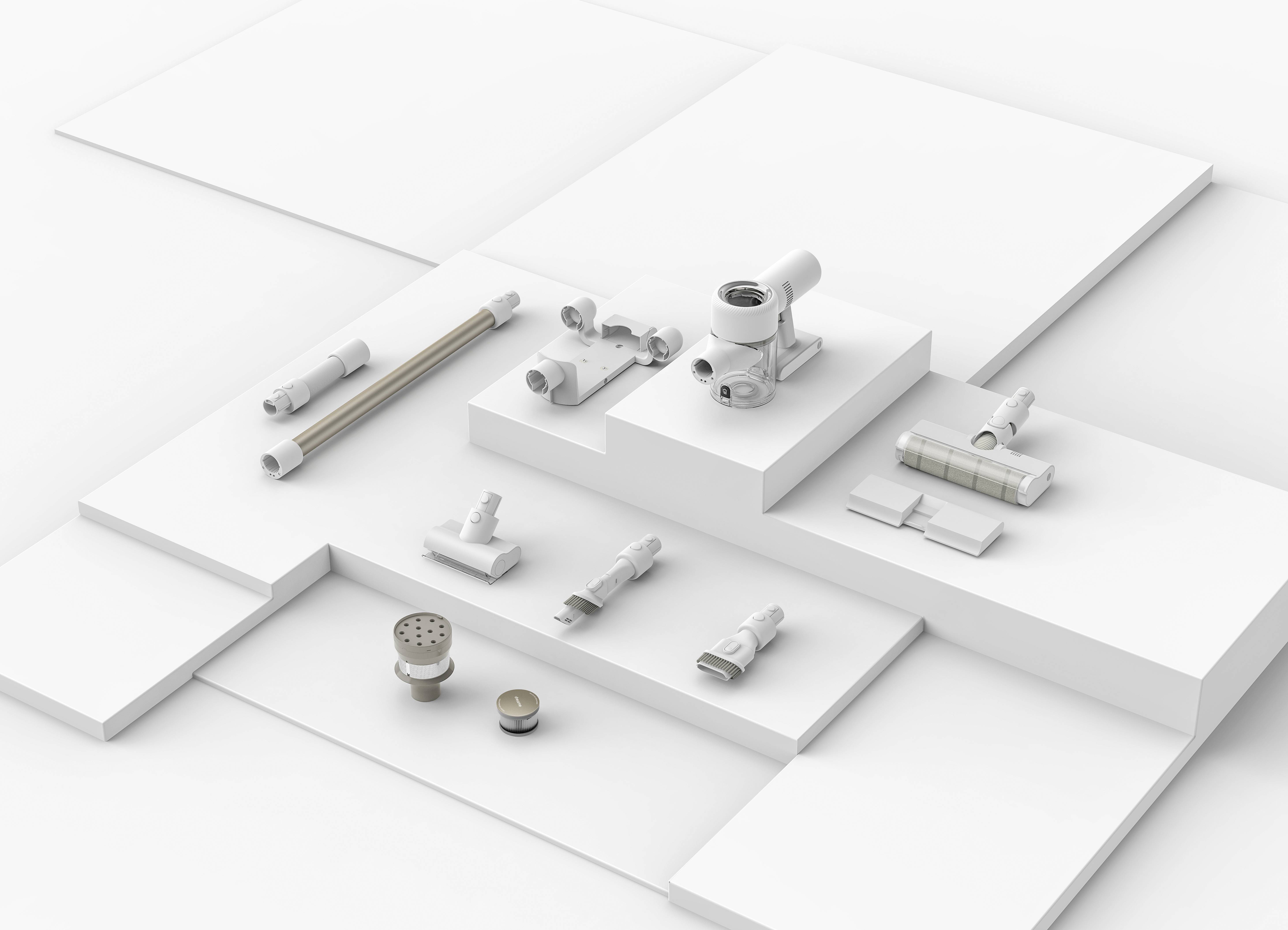 Componenti di installazione disposti su piattaforme bianche, tra cui tubi, valvole e supporti, rappresentati in un design minimalista.