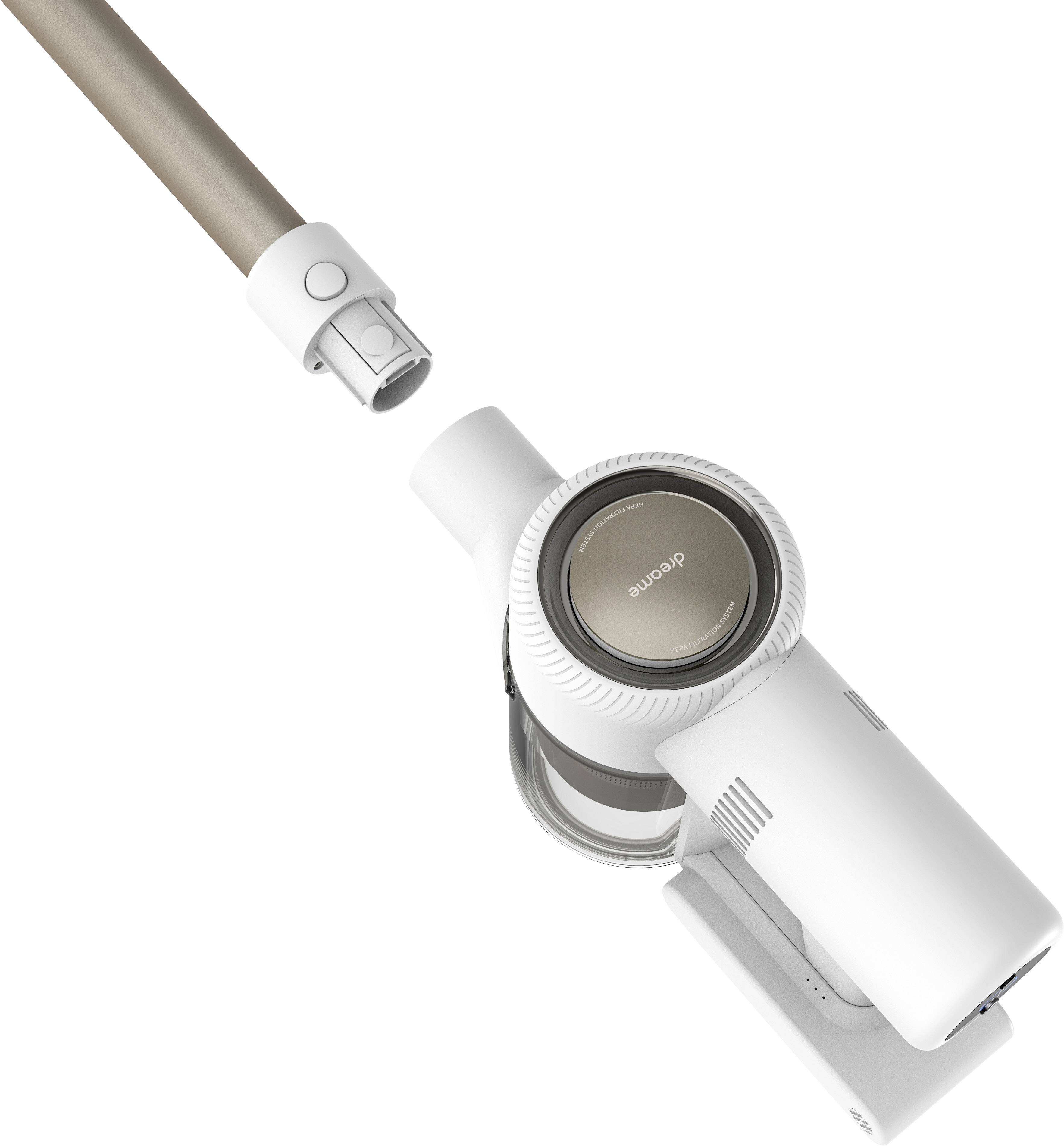 Un aspirapolvere senza fili in bianco con tubo beige-dorato e bocchetta rimovibile, vista laterale.