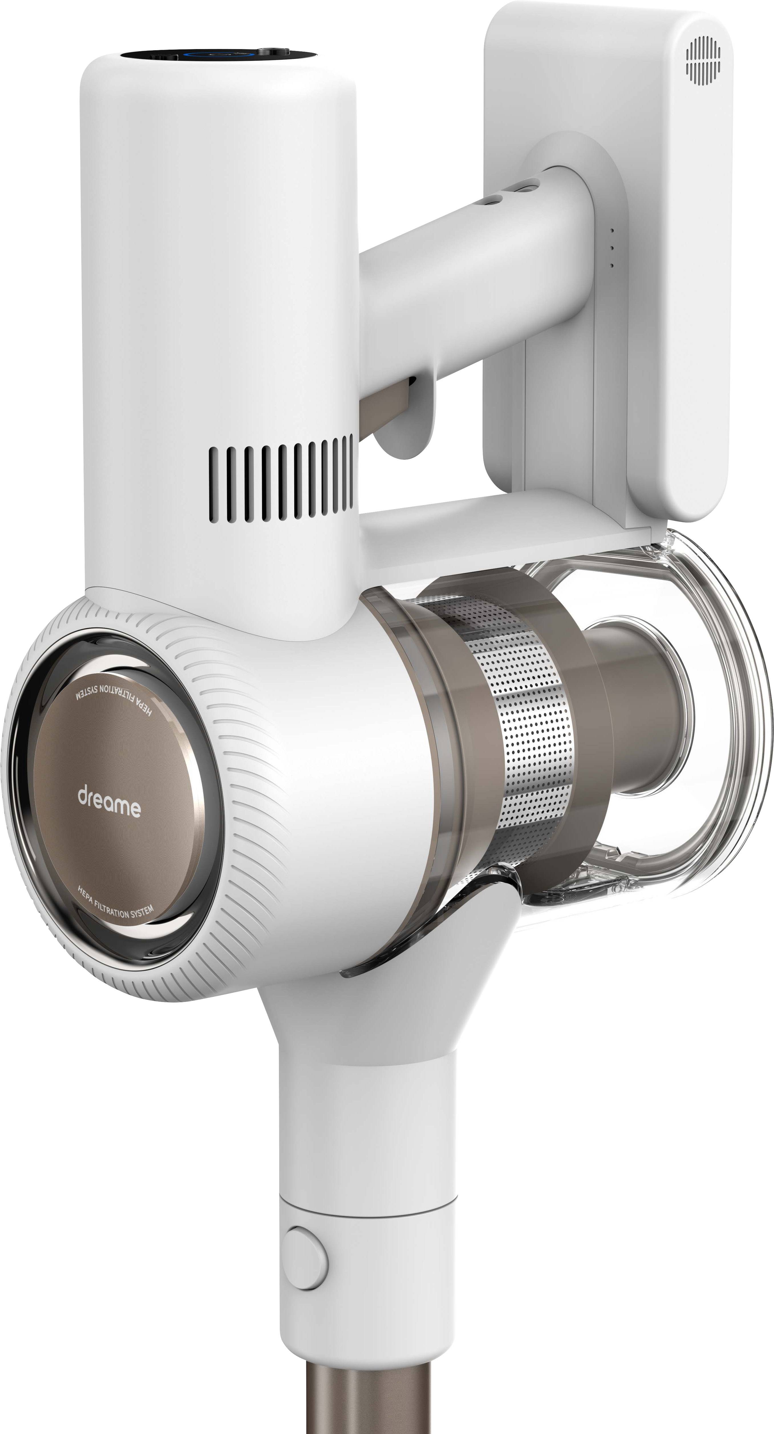 Aspirapolvere verticale senza fili, bianco e dal design moderno, con contenitore della polvere trasparente e impugnatura laterale, fissato al supporto a parete.