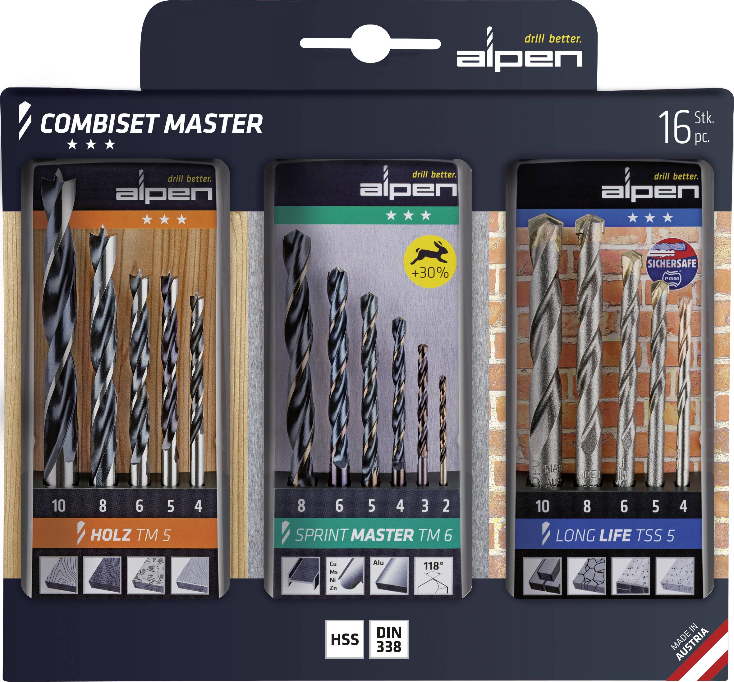 Set di punte 'Combiset Master' di Alpen con 16 pezzi. Contiene punte per legno, metallo e calcestruzzo. La confezione mostra le dimensioni e le applicazioni.