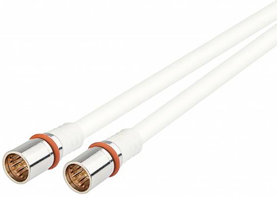 Due cavi coassiali con anelli di tenuta arancioni e connettori metallici, comunemente utilizzati per connessioni TV o satellitari.