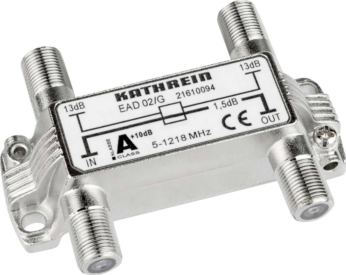 Un distributore coassiale TV argentato, marca Kathrein, modello EAD 02/G, con due ingressi e un'uscita, attenuazione 13 dB.