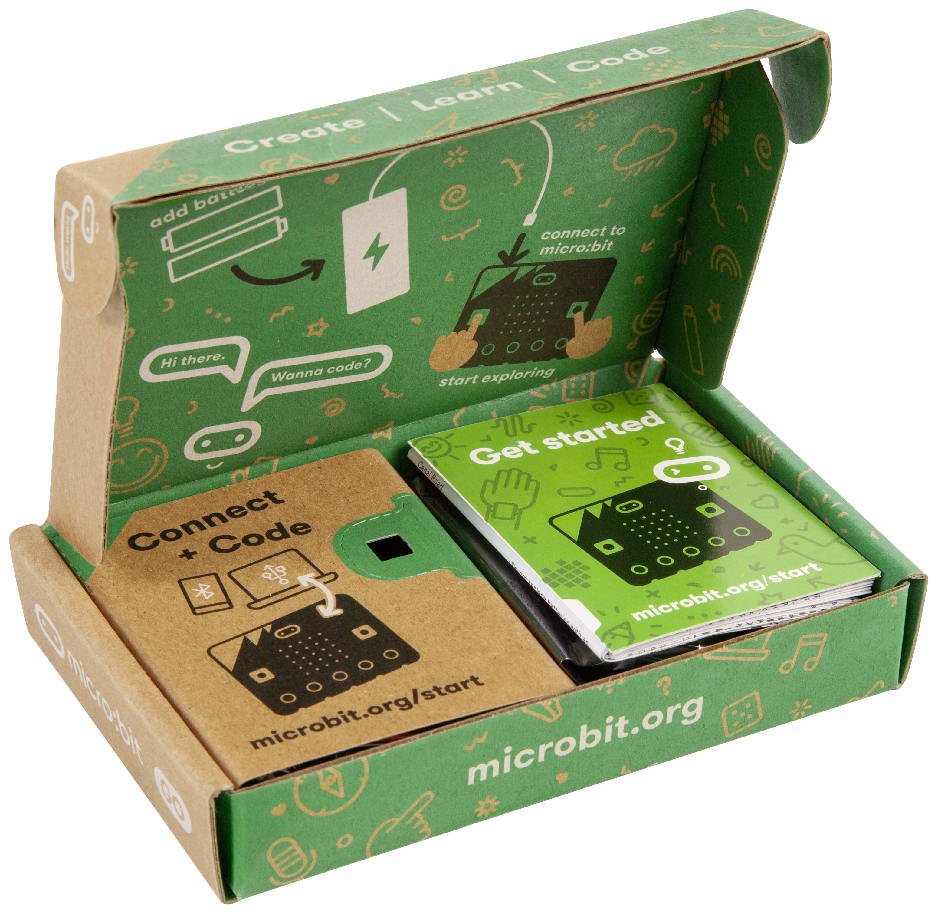 Cartoncino verde con la scritta 'Create Learn Code', contiene istruzioni e un kit introduttivo per programmare con micro:bit.