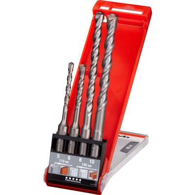 Un assortimento di quattro punte SDS in un supporto rosso, ordinate per dimensione: 5 mm, 6 mm, 8 mm e 10 mm, ciascuna con indicazione della lunghezza.