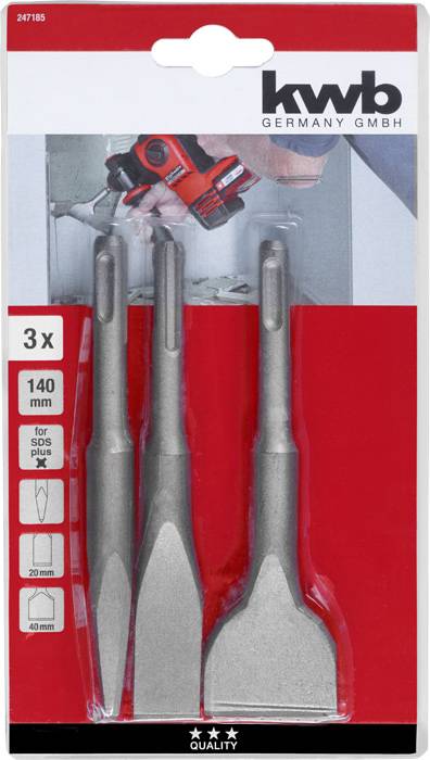 Set di tre scalpelli Kwb, lunghi 140 mm, adatti per punte SDS-Plus. La confezione contiene informazioni sul prodotto e illustrazioni.