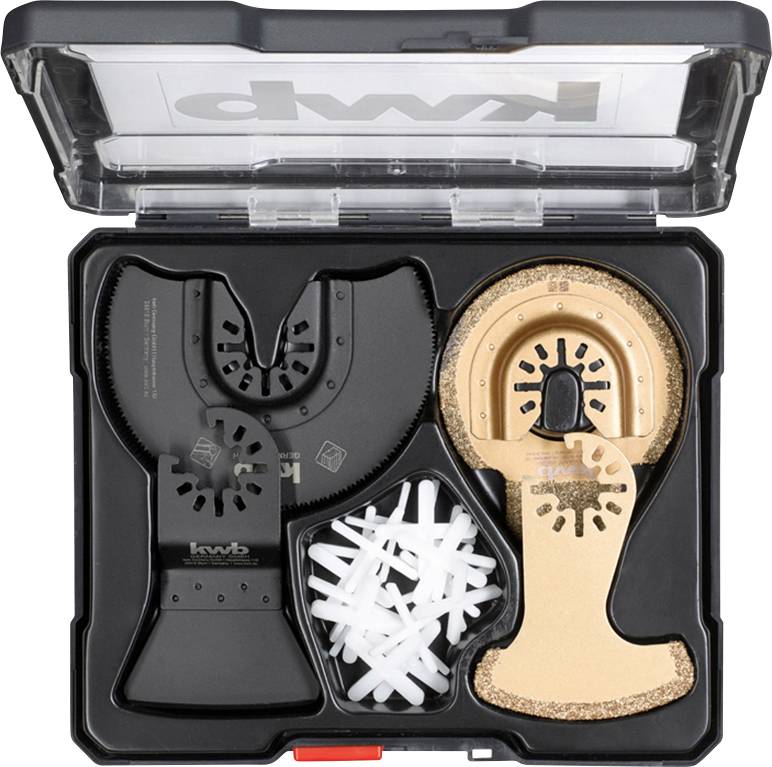 Valigetta degli attrezzi con varie lame e componenti accessori per utensili multiuso, inclusi disco da taglio e disco abrasivo.