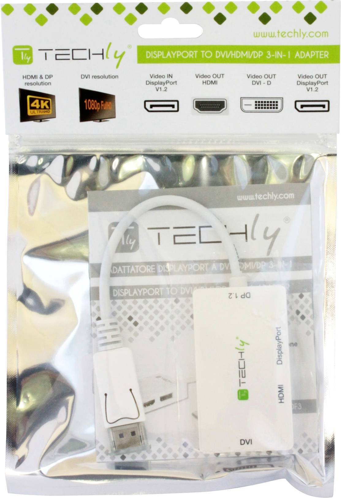 TECHLY Adattatore DisplayPort a DVI/HDMI/DP 3-in-1 Bianco-1