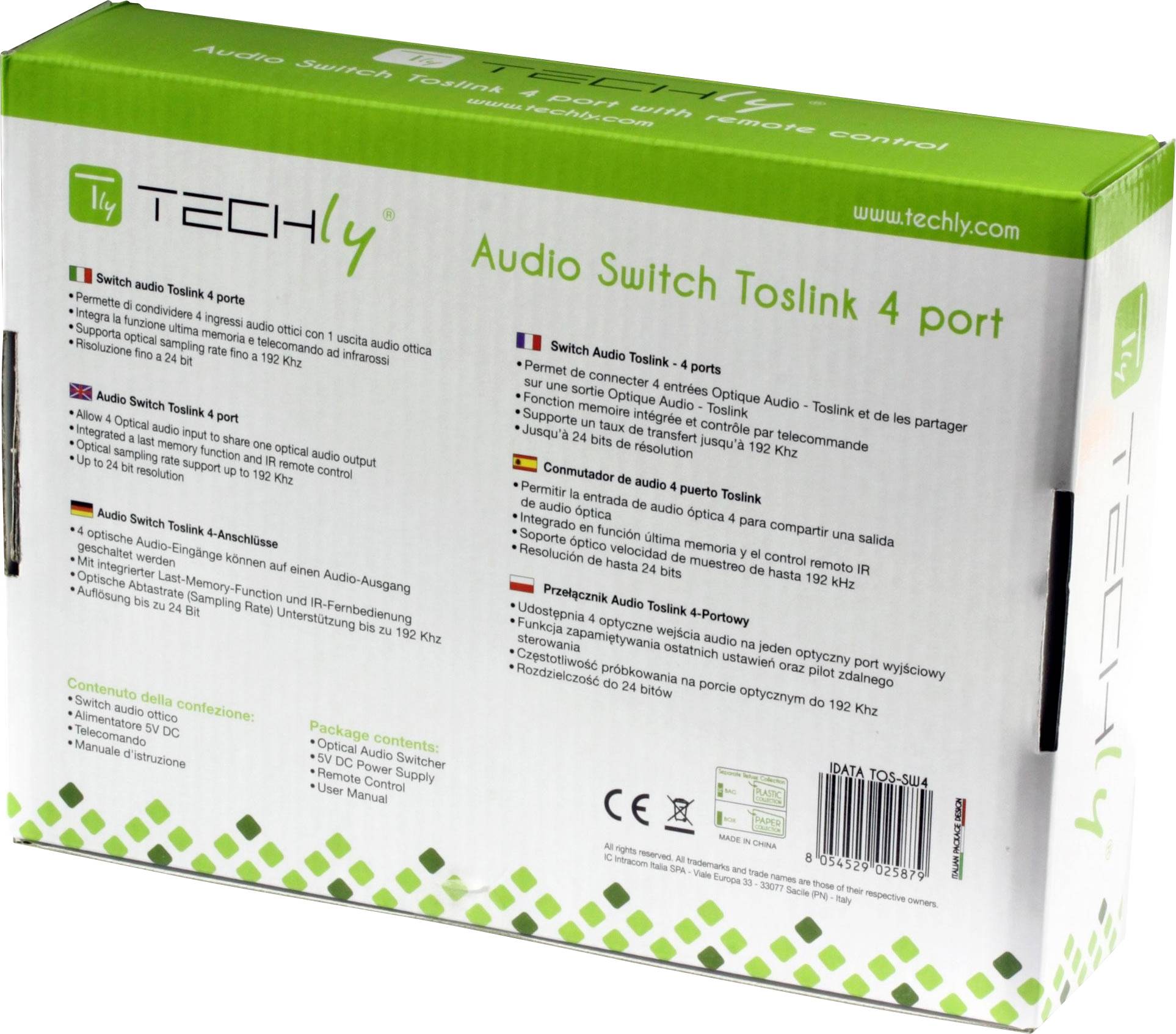 Techly Switch Audio Toslink 4 Porte con Telecomando IR IDATA TOS-SW4 IDATA TOS-SW4-4