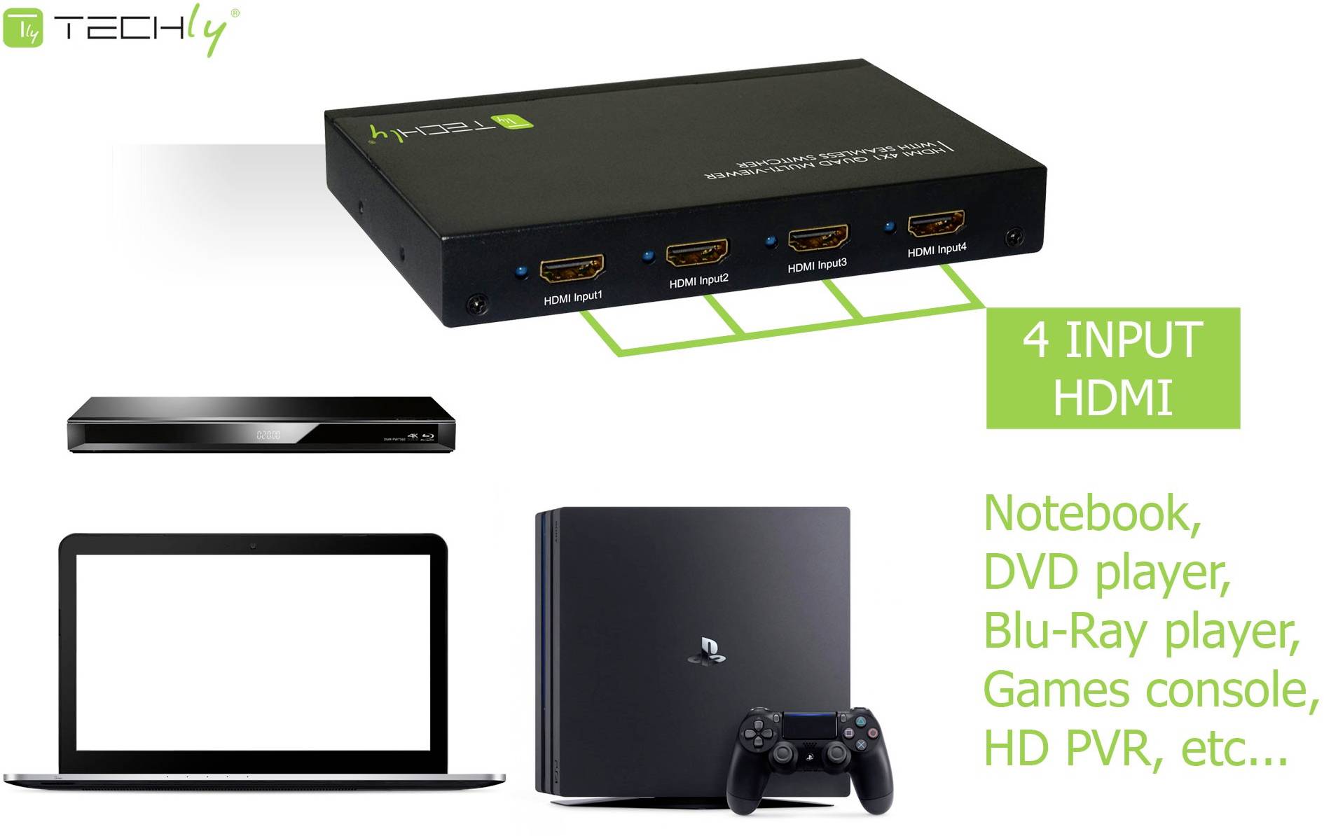 TECHLY Multiview HDMI 4x1 con switch seamless Nero-4