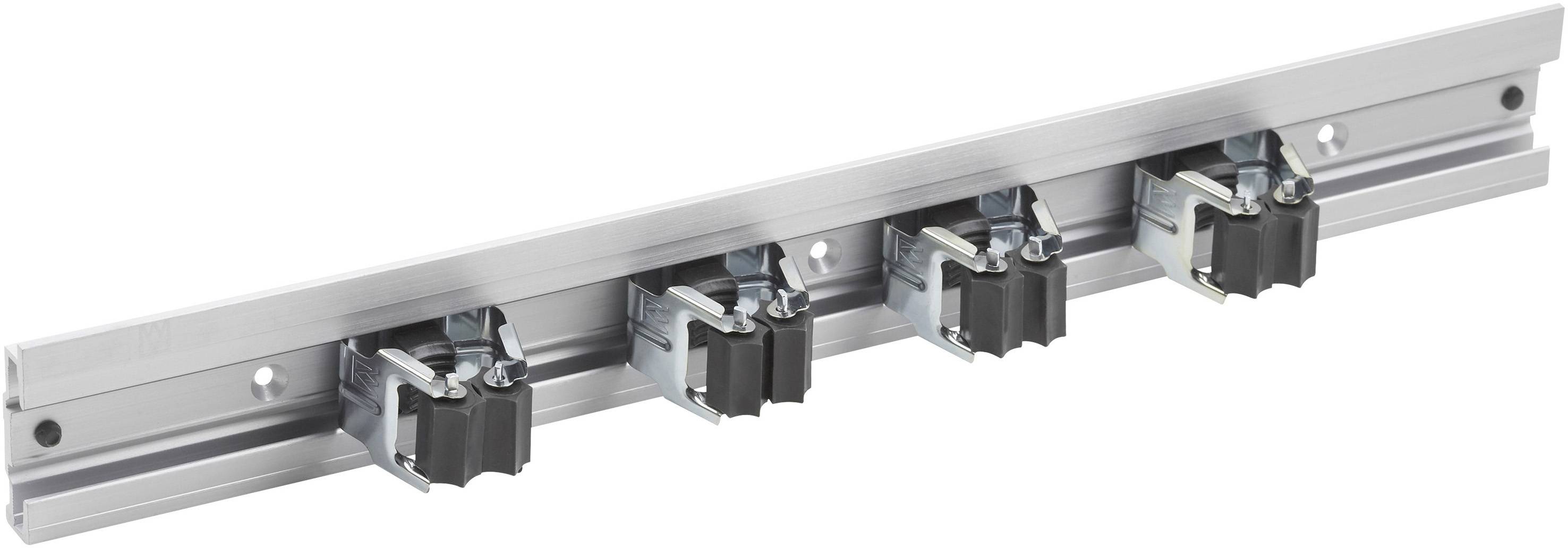 Guida in alluminio con quattro clip nere fissate saldamente. Utilizzata per fissare oggetti su superfici lisce.
