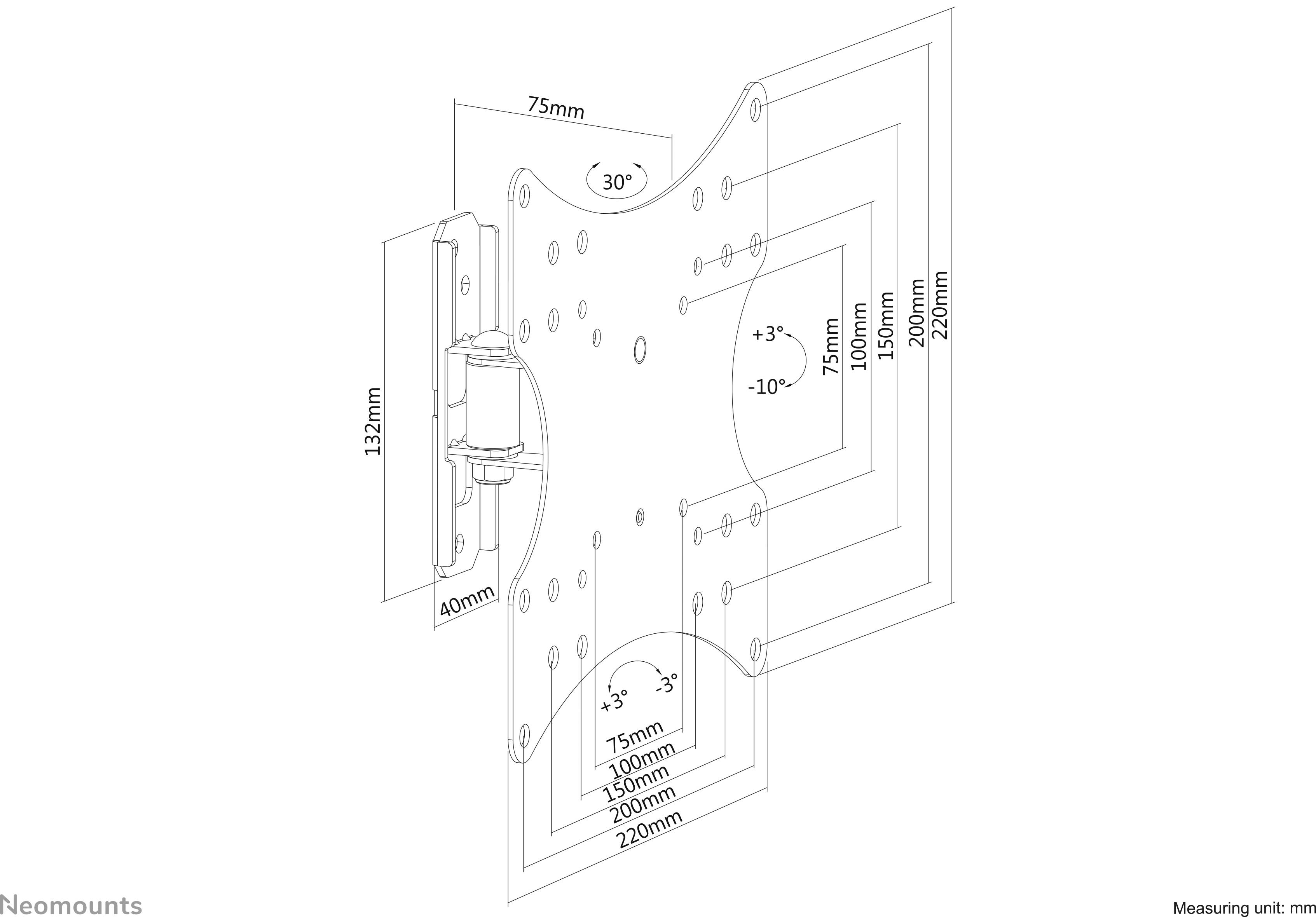 Disegno tecnico di un supporto da parete per TV inclinabile con misure da 75 a 200 mm. Inclinazione da +3° a -10°, campo di rotazione di 30°.