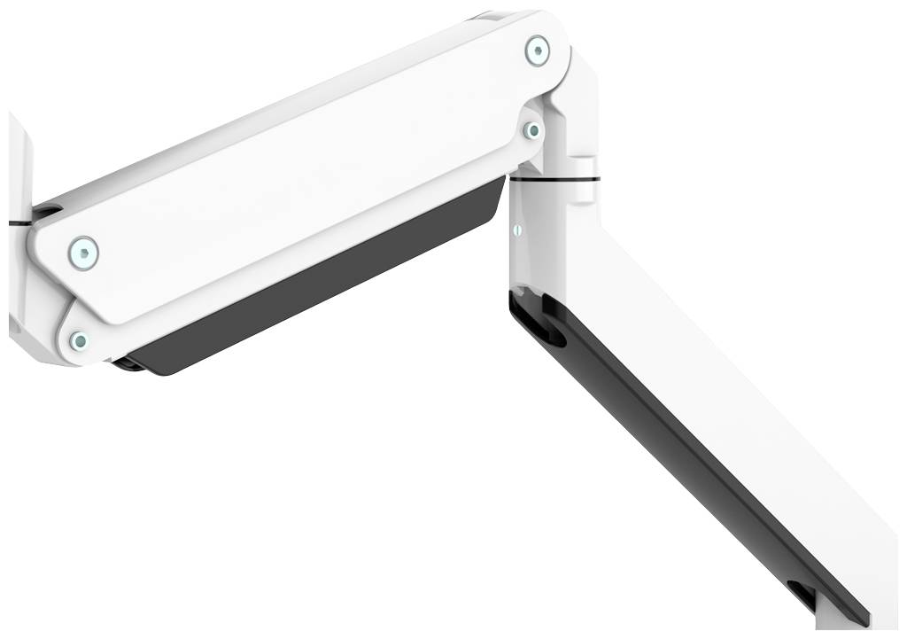 Un braccio regolabile bianco di un supporto, adatto a monitor o altri dispositivi, si estende verso l'alto e lateralmente.