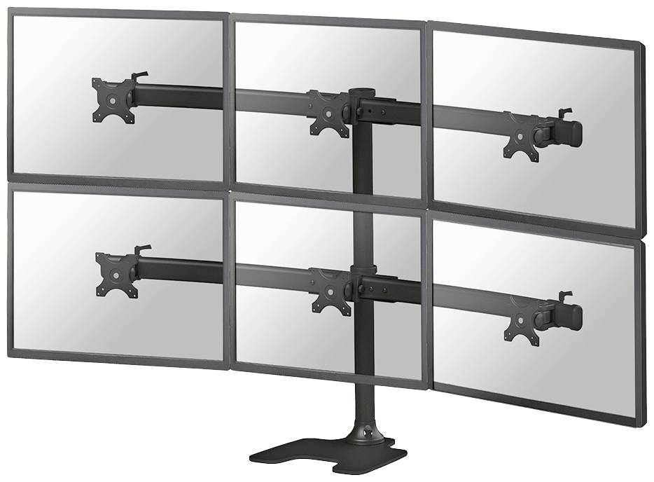 Supporto per sei monitor con sei cornici vuote, disposte affiancate, su un unico piedistallo centrale.