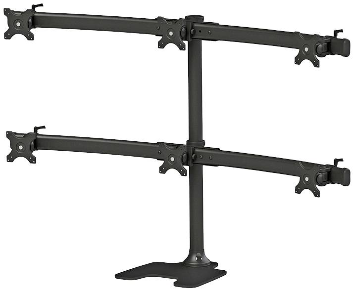 Supporto per monitor con due bracci regolabili, idoneo fino a quattro schermi. È di colore nero e poggia su una base stabile.