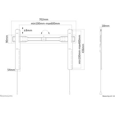 Disegno tecnico di un supporto per monitor con dimensioni: larghezza 702 mm, altezza regolabile tra 100 mm e 600 mm. Vista laterale mostra una profondità di 18 mm. Modello di Neomounts.
