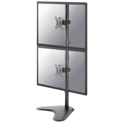 Due monitor montati verticalmente l'uno sopra l'altro su un supporto in metallo nero, adatti per presentazioni di schermi che risparmiano spazio.