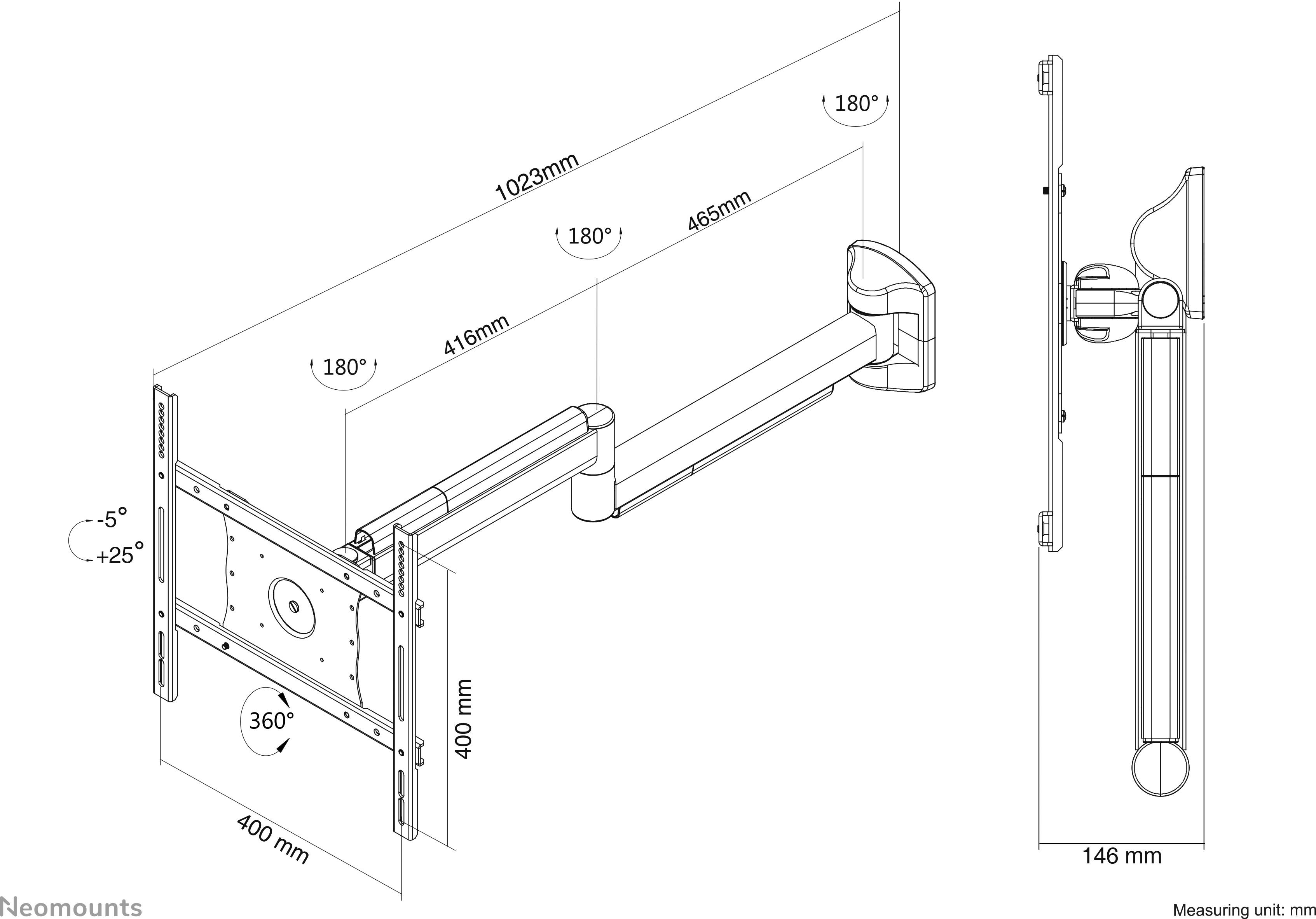 Supporto a parete per TV o monitor, completamente orientabile e inclinabile. Estensione massima di 1023 mm, rotazione di 360°, inclinazione da +5° a -25°.