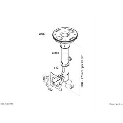 Diagramma di un supporto regolabile con dimensioni: diametro 180 mm in alto, tubo da 50,8 mm, altezza regolabile da 370 a 470 mm. Rotazione di 180° e 360°.