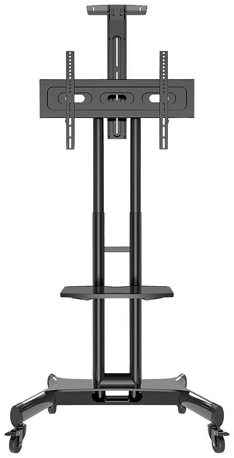 Supporto mobile per TV con ruote, regolabile in altezza, con ripiano e supporto per schermi di grandi dimensioni. Ideale per presentazioni flessibili.