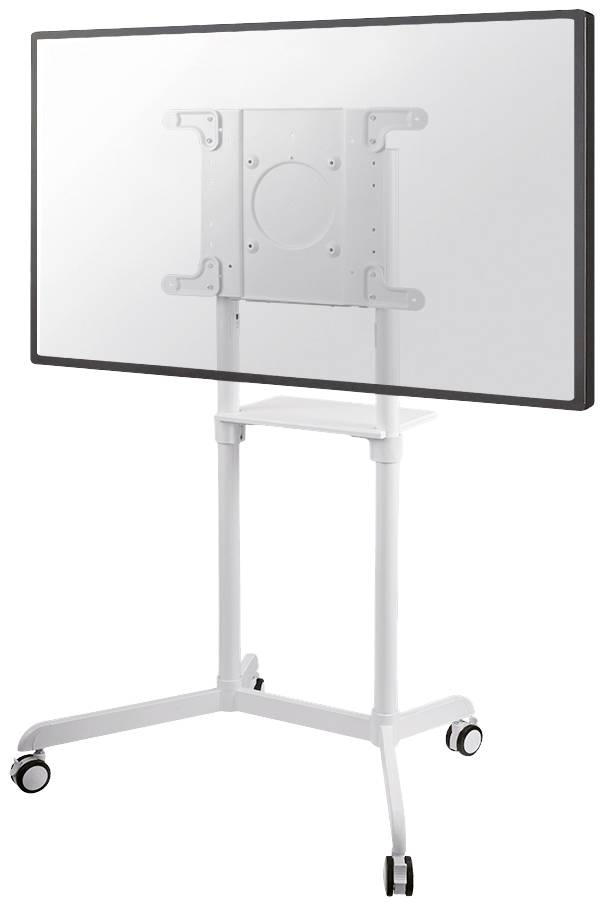 Un supporto vuoto per televisore o monitor su ruote, adatto per presentazioni o riunioni.