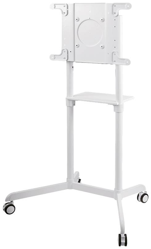 Supporto monitor mobile bianco su ruote. Ha un supporto rettangolare per fissare un monitor e una superficie di appoggio sottostante.