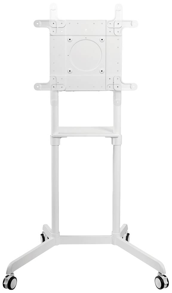 Un supporto TV bianco mobile con quattro ruote e un supporto regolabile per schermi. Ideale per la flessibilità in ufficio.