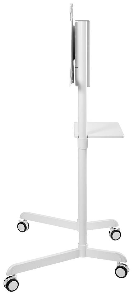 Vista laterale di un supporto TV bianco e mobile con un supporto per schermo piatto e uno scomparto integrato nella parte inferiore.