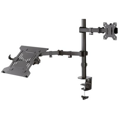 Supporto per monitor e laptop da scrivania, regolabile con bracci snodabili. Adatto per configurazioni ergonomiche e flessibili del posto di lavoro.