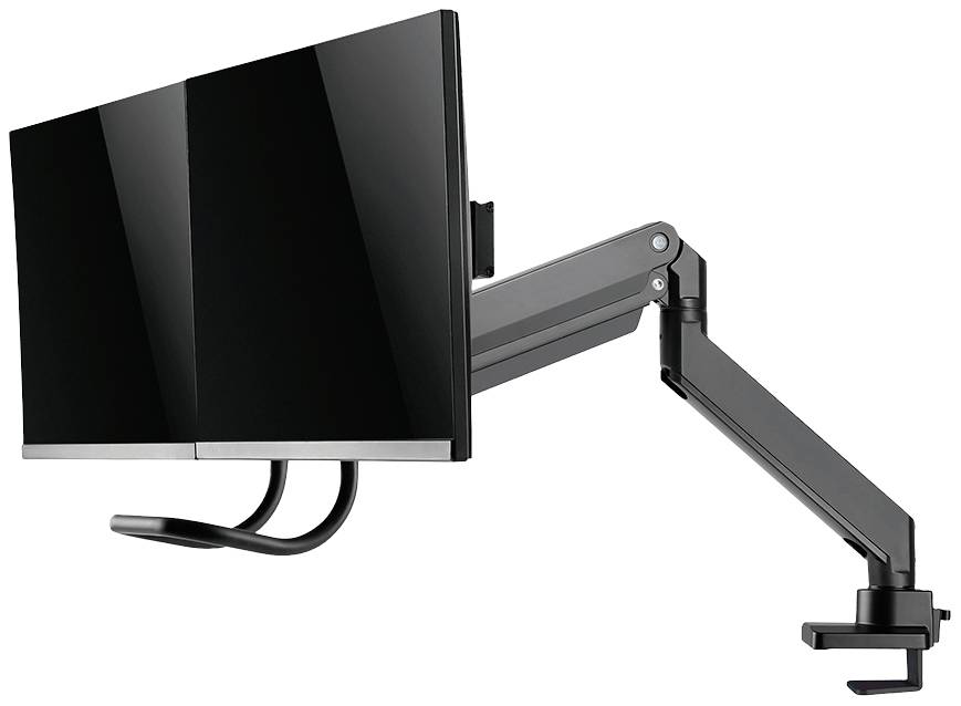 Braccio snodabile con supporto per monitor da fissare a una scrivania, che consente un posizionamento flessibile e un'installazione semplice degli schermi.