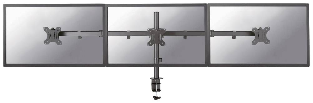 Supporto triplo per monitor con bracci snodabili, montaggio a morsetto sulla scrivania. Idoneo per tre schermi, disposti in modo simmetrico.