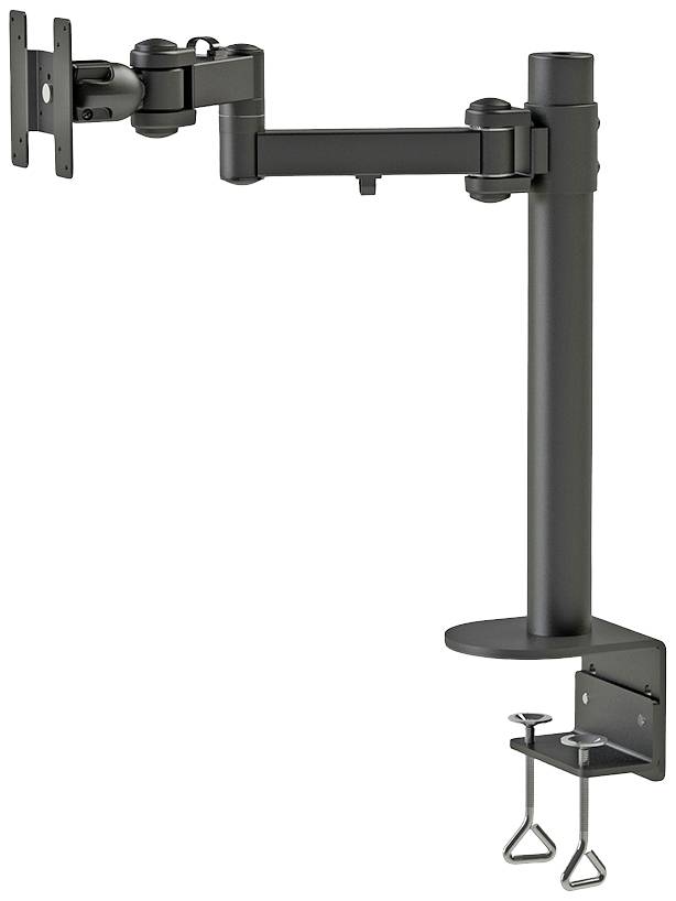 Un braccio per monitor nero con morsetto a vite per il fissaggio a un tavolo. È regolabile e supporta un posizionamento ergonomico del monitor.