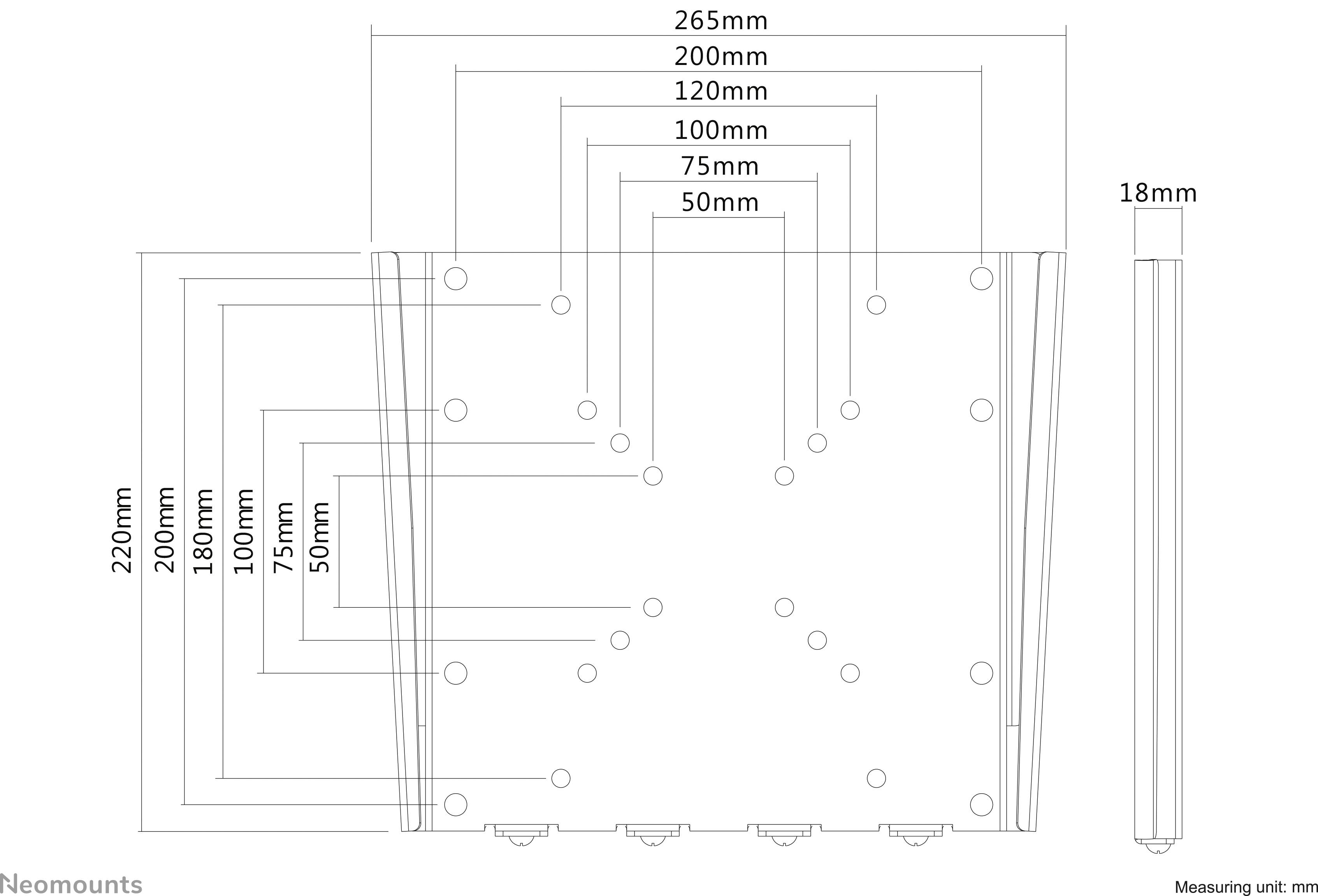 Disegno tecnico di un oggetto piatto con diversi interassi dei fori, ad esempio 265 mm, 220 mm, 200 mm, e una profondità di 18 mm.