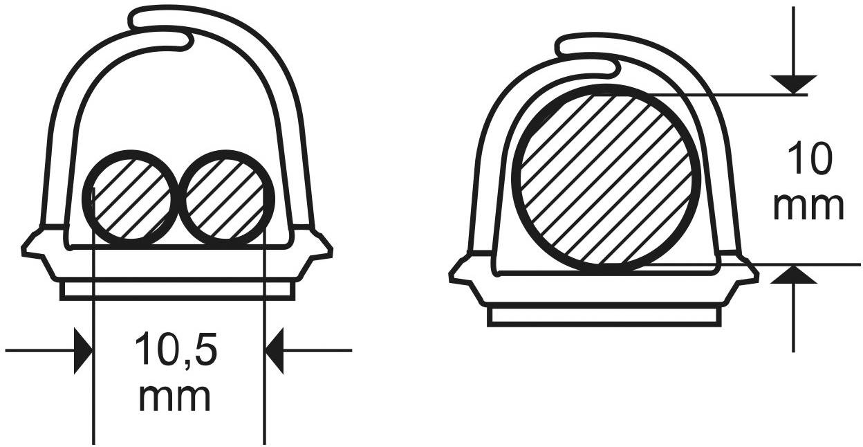 Disegno tecnico di due sezioni trasversali di fili diversi in un connettore; a sinistra 10,5 mm, a destra 10 mm.