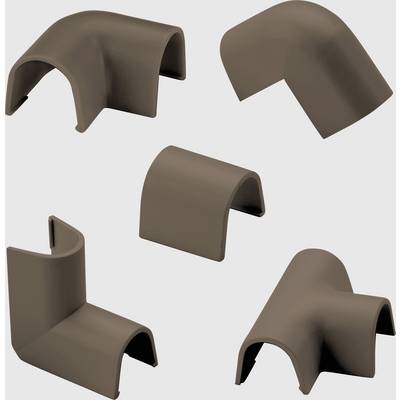 Cinque cappucci in plastica marrone di forme angolate diverse, adatti a proteggere cavi o tubi.