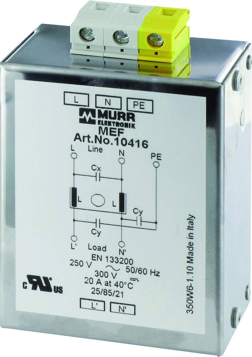 Componente elettronica con morsetti di connessione e schema elettrico sul lato frontale. Etichette e codice articolo 10416 visibili.