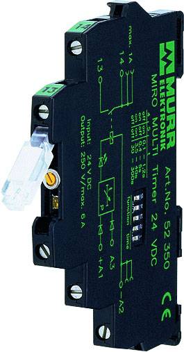 Un modulo timer elettronico nero di Murrelektronik con etichettatura verde, numero di modello 52530, con dati di ingresso/uscita leggibili.