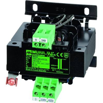 'Trasformatore elettronico nero con morsetti di connessione verdi e un interruttore rosso, progettato per 230/400V, uscita 24V.'