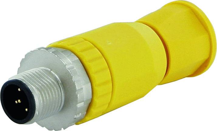 Connettore M12 giallo a quattro pin, con attacco metallico e struttura zigrinata per fissaggio in applicazioni industriali.