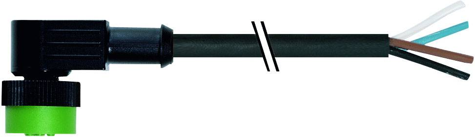 Un cavo elettrico nero con spina verde e nera e quattro fili colorati: bianco, blu, marrone e nero.
